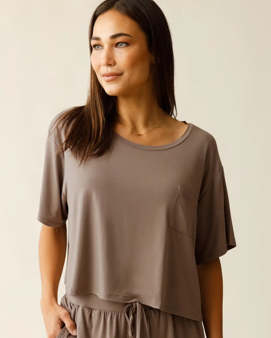Aria Bamboo Casual Cropped Short Sleeve Top | Taupe