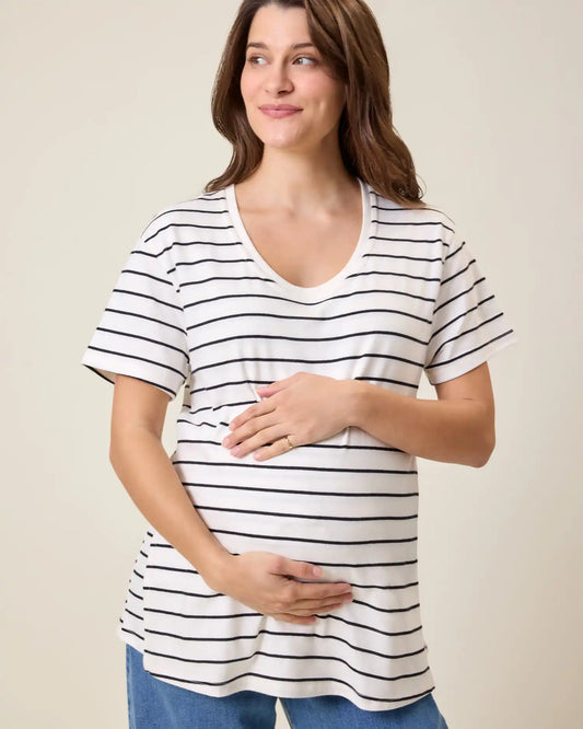 Relaxed Cotton Maternity & Nursing T-shirt | White & Black Stripe