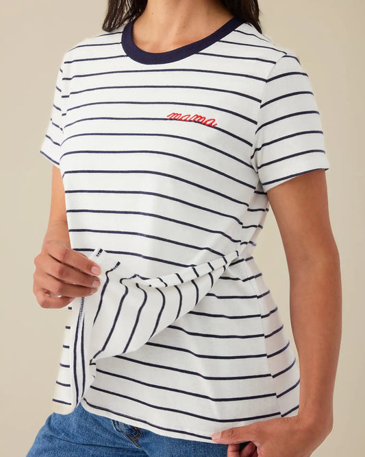 Classic Cotton Nursing T-shirt | Navy & White Stripe - Embroidered