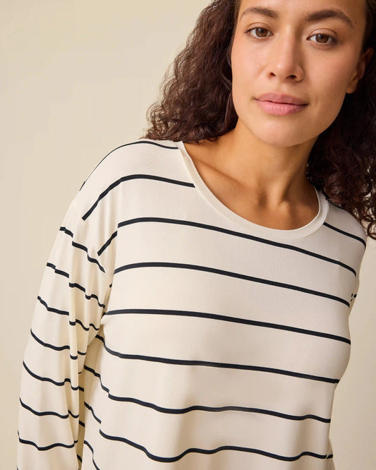 Aria Bamboo Casual Cropped Long Sleeve Top | White & Black Stripe