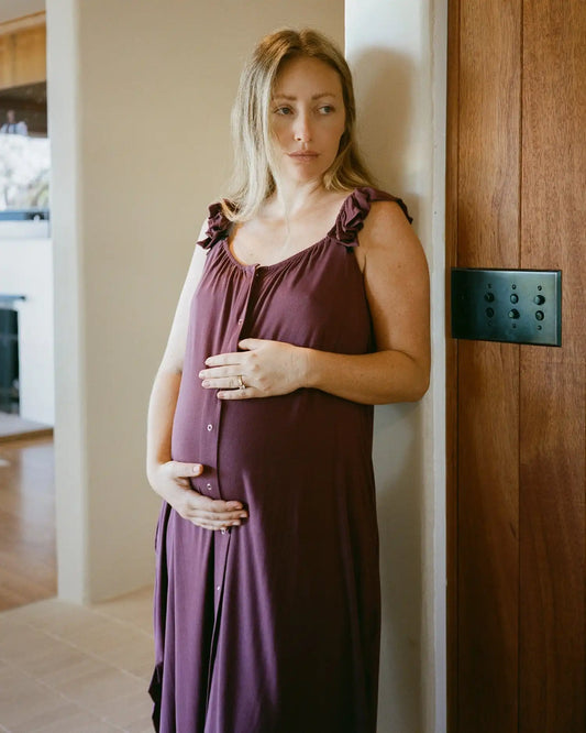 Ruffle Strap Labor & Delivery Gown | Burgundy Plum