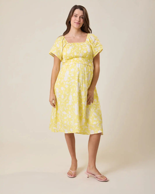 Lola Smocked Maternity & Nursing Midi Dress | Yellow Floral