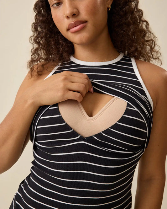 Ribbed Bamboo Racerback Nursing Tank | Black & White Stripe