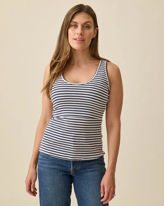 Ribbed Bamboo Scoop Neck Nursing Tank | Navy & White Stripe