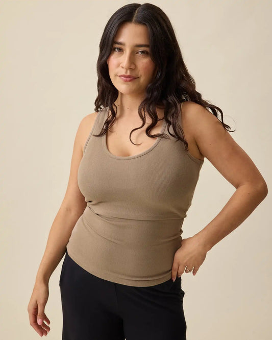 Ribbed Bamboo Scoop Neck Nursing Tank | Taupe