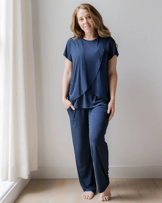 Tulip Hem Short Sleeve Maternity & Nursing Pajama Set | Navy