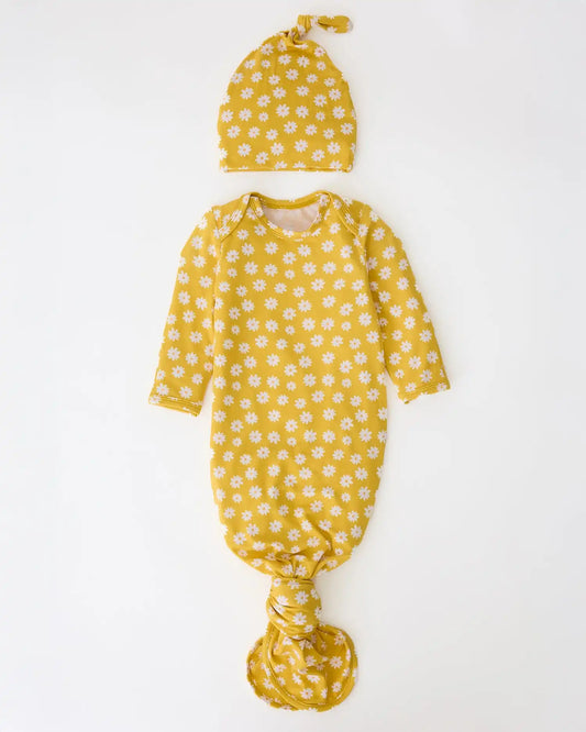 Bamboo Knotted Baby Gown & Hat | Yellow Daisies
