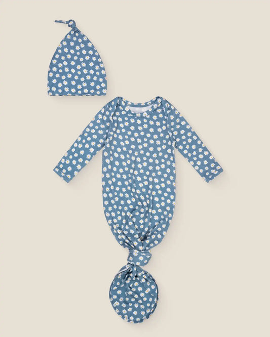 Bamboo Knotted Baby Gown & Hat | Blue Daisies