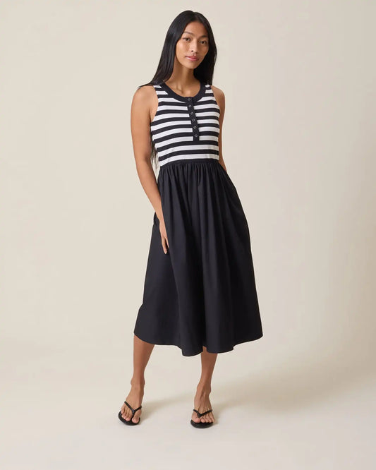 Charlotte Mixed Media Nursing Midi Dress | Black & White Stripe