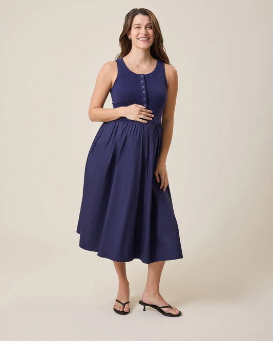 Charlotte Mixed Media Nursing Midi Dress | Navy