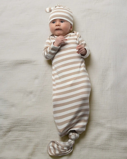 Bamboo Knotted Baby Gown & Hat | Fawn Stripe