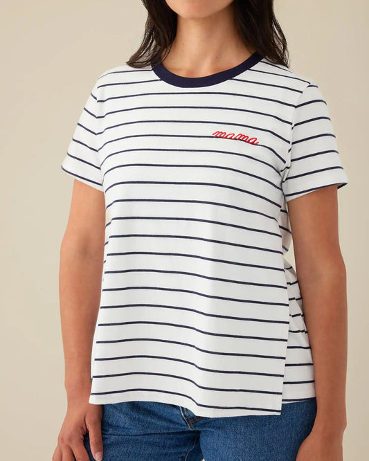 Classic Cotton Nursing T-shirt | Navy & White Stripe - Embroidered
