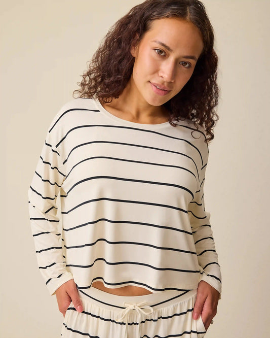 Aria Bamboo Casual Cropped Long Sleeve Top | White & Black Stripe