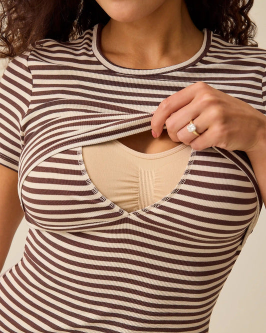 Ribbed Bamboo Crew Neck Nursing T-shirt | Chocolate & Ivory Stripe