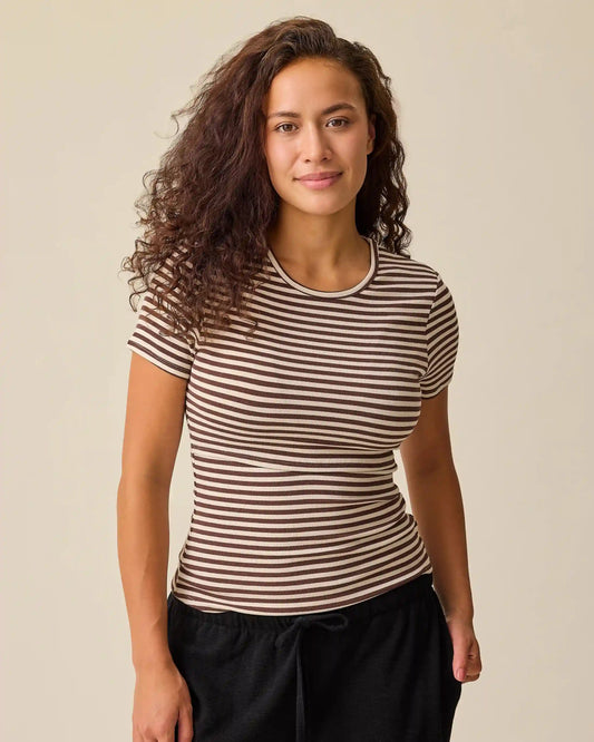 Ribbed Bamboo Crew Neck Nursing T-shirt | Chocolate & Ivory Stripe