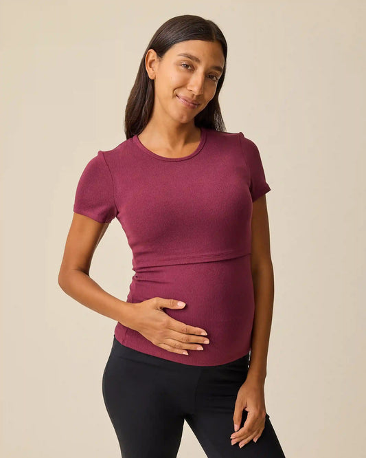 Ribbed Bamboo Crew Neck Nursing T-shirt | Deep Burgundy