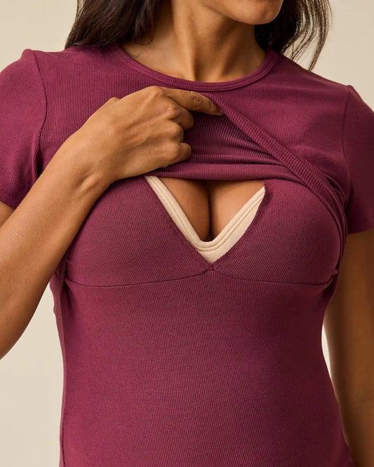 Ribbed Bamboo Crew Neck Nursing T-shirt | Deep Burgundy