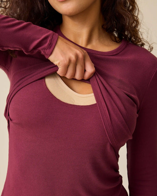 Ribbed Bamboo Long Sleeve Nursing T-shirt | Deep Burgundy