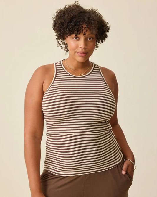 Ribbed Bamboo Racerback Nursing Tank | Chocolate & Ivory Stripe