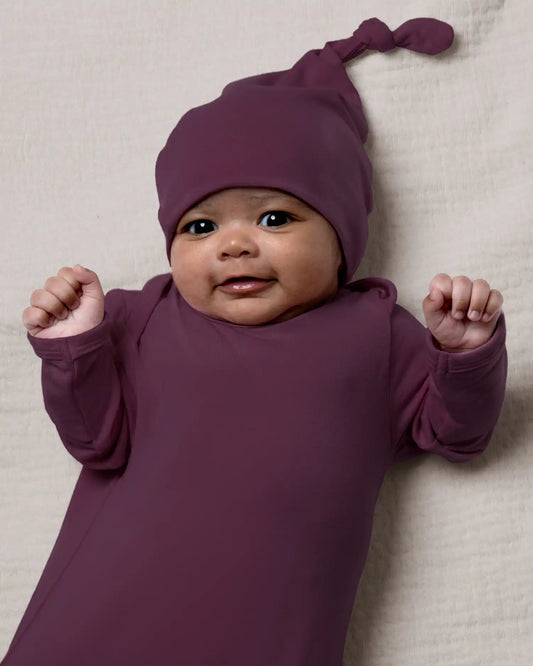 Bamboo Knotted Baby Gown & Hat | Burgundy Plum