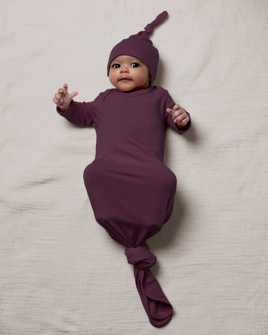 Bamboo Knotted Baby Gown & Hat | Burgundy Plum