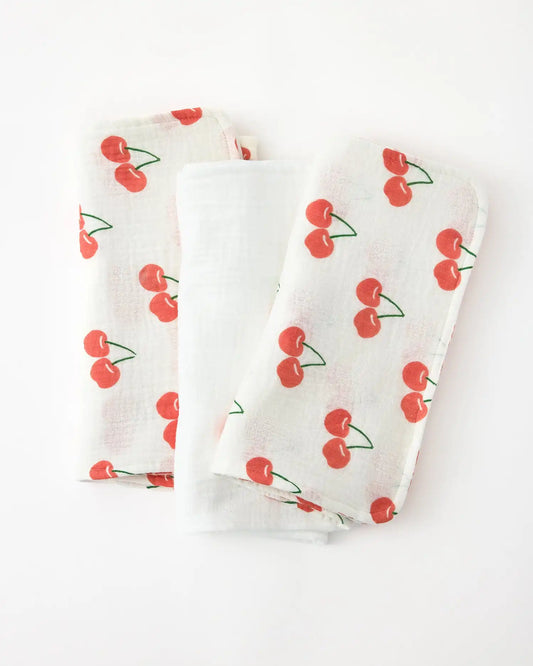 Organic Muslin Burp Cloth (Three-Pack) | White Cherries