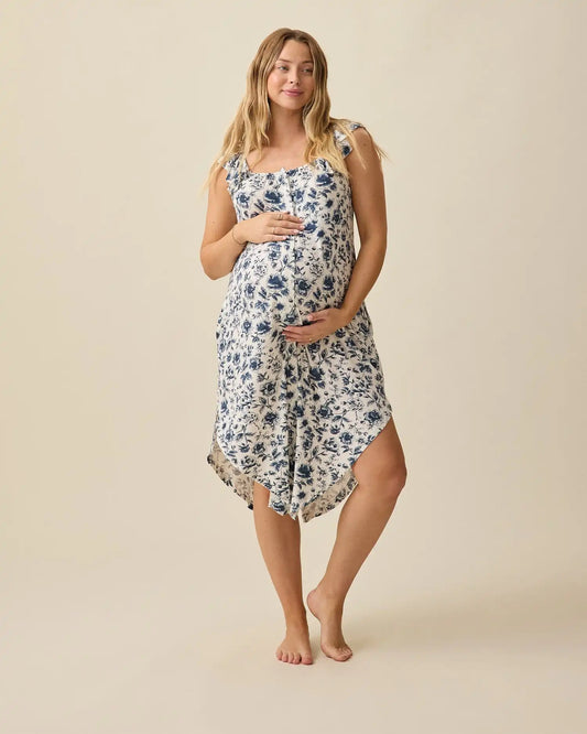 Ruffle Strap Labor & Delivery Gown | Navy Toile