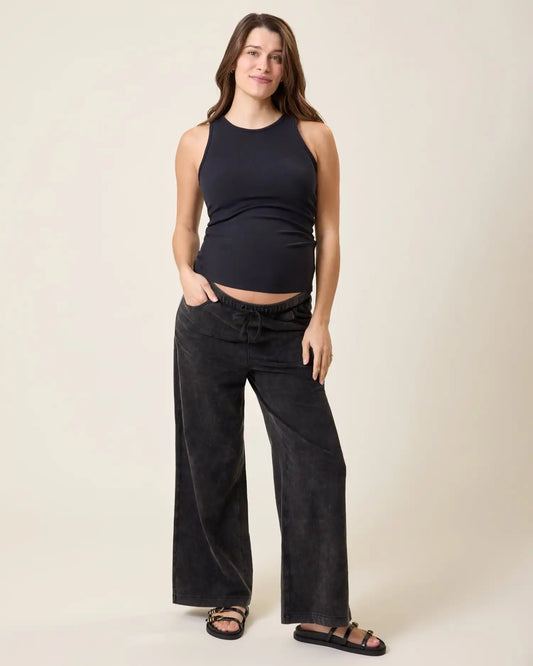Wide Leg Maternity & Postpartum Drawstring Pant | Black Wash